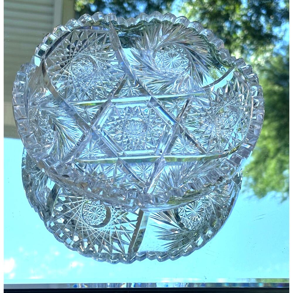 Vintage American Brilliant Period Cut Crystal Glass Bow Pinwheel Saw Tooth Rim